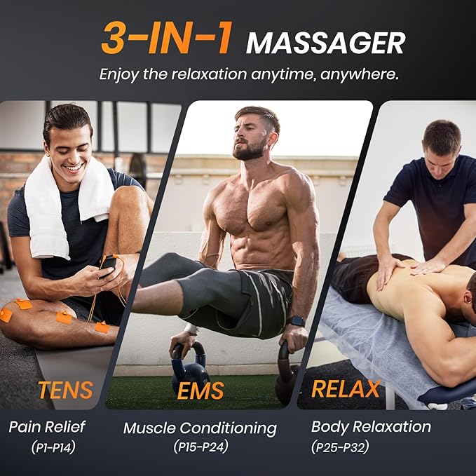 3-in-1 TENS Unit with 32 Modes, Dual Channel EMS Muscle Stimulator with 40 Intensities for Gradual Pain Relief Therapy, Rechargeable Electronic Pulse Massager with 12 Electrode Pads, EVA Case-StrideForce Fitness