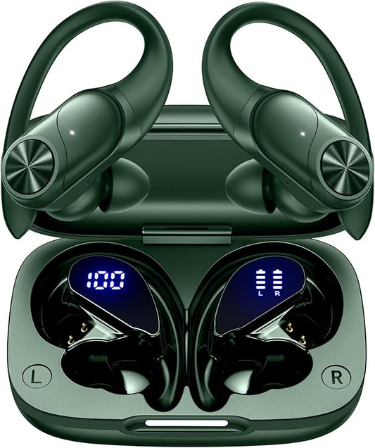 PocBuds Bluetooth Headphones Wireless Earbuds 80hrs Playtime Wireless Charging Case Digital Display Sports Ear Buds with Earhook Deep Bass IPX7 Waterproof Over-Ear Earphones for TV Phone Laptop Olive-StrideForce Fitness