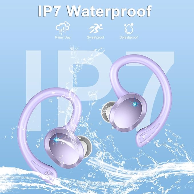 Wireless Earbud, Bluetooth 5.4 Headphones IP7 Waterproof for Sport, 48H Running Wireless Earphones with ENC Noise Cancelling Mic, Deep Bass Over Ear bud with Earhooks for Android, iOS, Workout, Purple-StrideForce Fitness