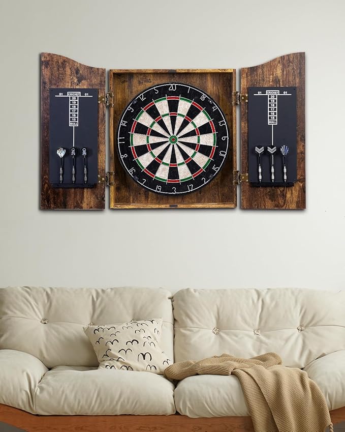 Sisal Dart Board Cabinet Sets, Decorative Dart Boards for Adults [6*Steel Darts] - Wooden Dartboard Cabinet with Integrated Scoreboard for Family Game Rooms-StrideForce Fitness