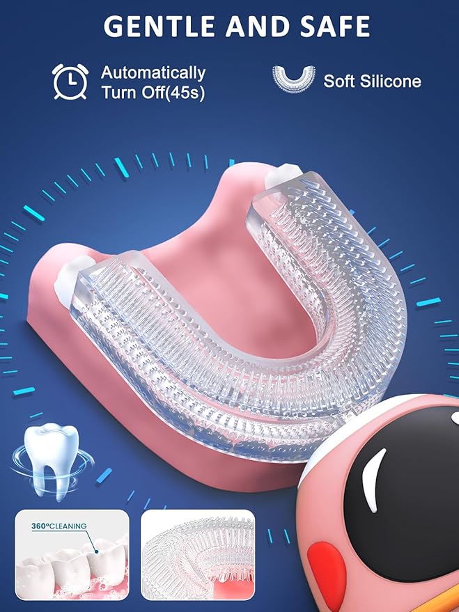FTOYIN Kids Electric Toothbrush with 3 Brush Heads, U Shaped Ultrasonic Toothbrush Kids with 5 Modes, 45s Smart Reminder, 360-Degree Automatic Cleaning, IPX7 Waterproof Design
