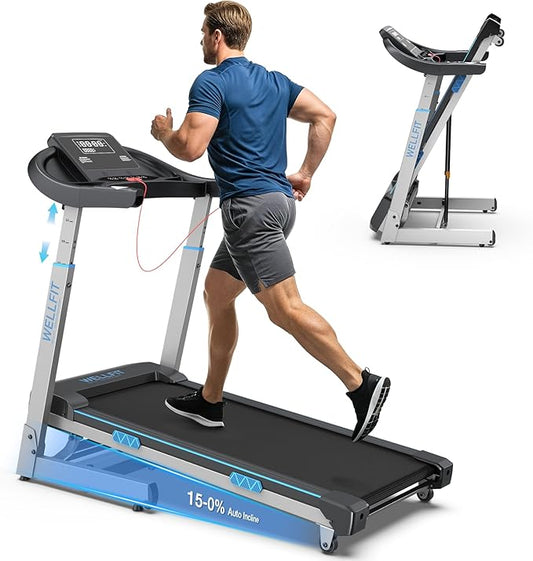 WELLFIT Auto Incline Folding Treadmill - 10% Incline Desk Walking Pad Treadmill with Handlebar, 400 lbs Heavy-Duty Capacity, Space-Saving Quiet Under-Desk Design for Home Office, Seniors & Fitness-StrideForce Fitness