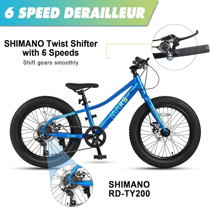 Glerc Mars Kids Mountain Bike, 20 24 Inch Fat Tire Bike for Teen Ages 6-14 Year Old, Bicycle with 2.8-Inch Wide Tires and 6 Speed Drivetrain, Multiple Colors-StrideForce Fitness