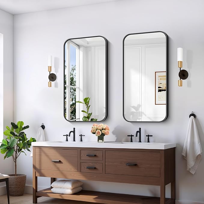 FORBATH Bathroom Mirror 20" x 40", Rectangle Black Bathroom Mirror with Black Aluminum Frame Rounded Corner, Wall Mounted Mirror for Bedroom Entryway Living Room-StrideForce Fitness