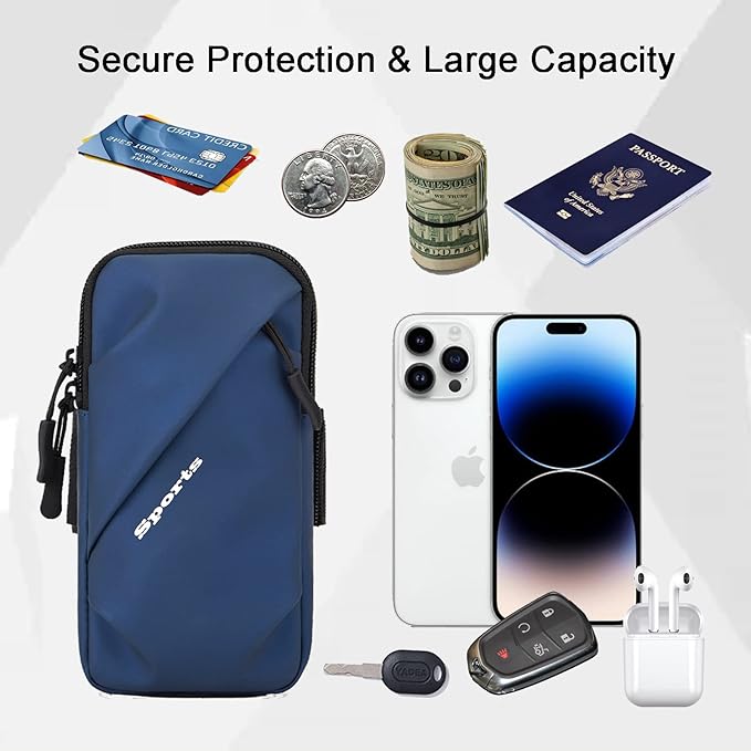 Phone Holder Arm Bands, Small Crossbody Shoulder Holsters Bag with Arm Band, Fits iPhone and All Cell Phones, Use for Running, Walking, Hiking & Biking (Plus Size,Blue)-StrideForce Fitness