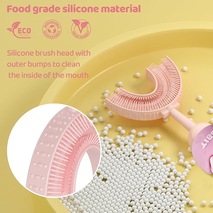 U-Shaped Toothbrush for Kids Ages 2-7，Soft Food-Grade Silicone for Sensitive Gums，360° Teeth Cleaning Design，Training & Travel-Friendly Toddler's Toothbrush (Pink)