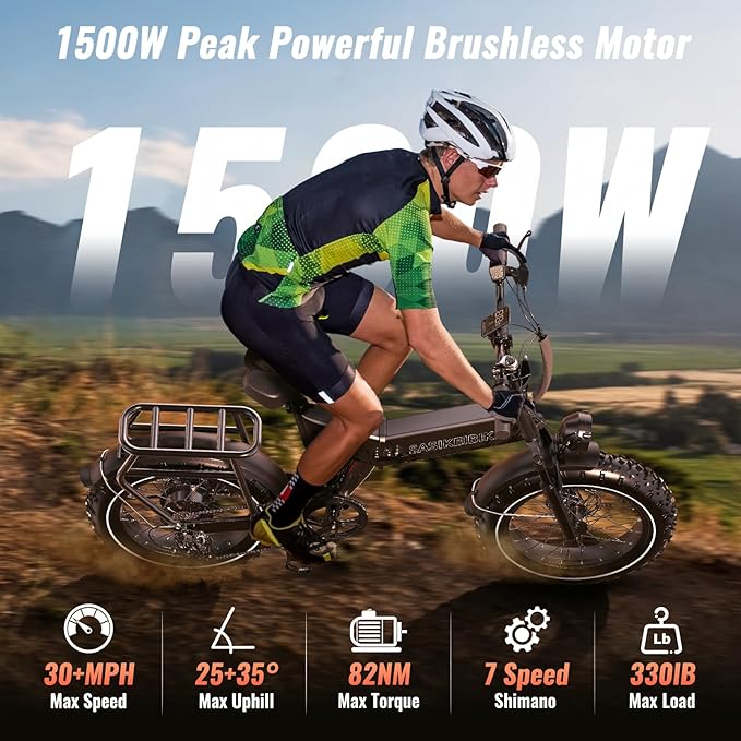 Folding Electric Bike for Adults, 20'' 1500W Peak Fat Tire Ebike, Up to 70 Miles 30+MPH Electric Mountain Bike with 52V 20AH Removable Battery, Dual Suspension, 7-Speed,UL Certified-StrideForce Fitness