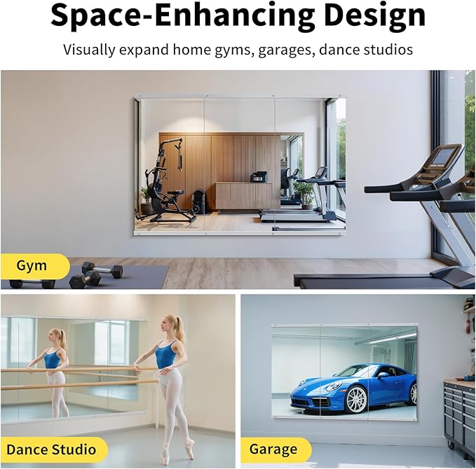 Home Gym Mirror - 48x24 Inch, 3PCS Frameless Tempered Glass Full Body Mirror for Wall Mount - Ideal for Yoga, Workout, Bedroom, Dance Studio (Silver)-StrideForce Fitness