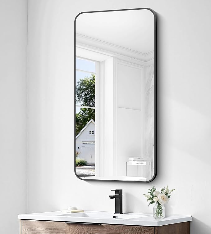 24x48 inch Bathroom Mirror,Black Rectangle Mirror,Wall Mounted Bathroom Frame Vanity Mirror with Round Corner for Bedroom Living Room, Entryway Hangs Horizontal or Vertical-StrideForce Fitness