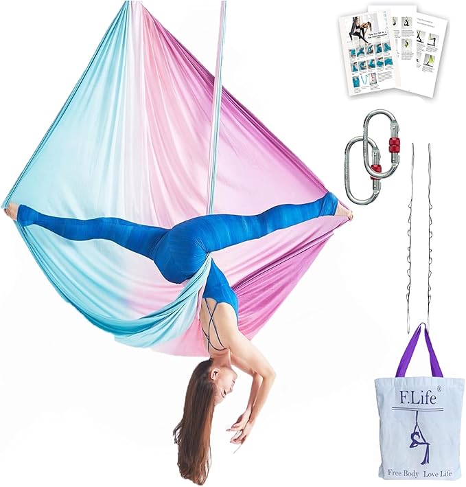 F.Life Aerial Yoga Hammock kit- Yoga Swing Multicolor 5 yards-Flying Yoga Include Daisy Chain,Carabiner and Pose Guide-StrideForce Fitness