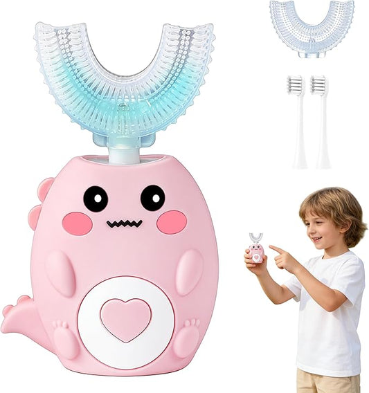 Kids Electric U Shaped Toothbrush, Sonic Automatic Toothbrush Kids with 4 Brush Heads, 3 Cleaning Modes, Cartoon Dinosaur IPX7 Waterproof 360º Round Toddler Electric Toothbrush(Pink, Ages 2-12)