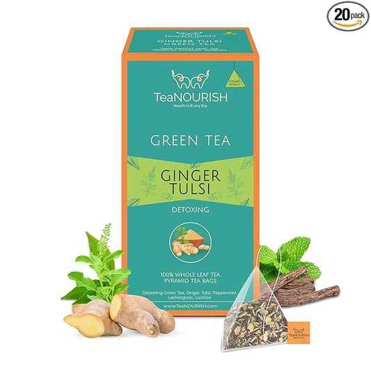 TeaNOURISH Ginger Tulsi Green Tea | 20 Count Pyramid Tea Bags | Darjeeling Whole Leaf | Indian Superfoods Ginger, Tulsi & Licorice | Relieves Stress & Aids Digestion