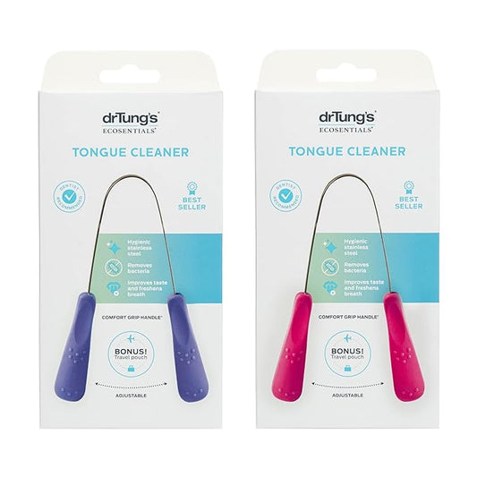 drTung's Stainless Tongue Scraper - Tongue Cleaner for Adults, Kids, Helps Freshens Breath, Easy to Use Comfort Grip Handle, Comes with Travel Case - Stainless Steel Tongue Scrapers (2 Count)
