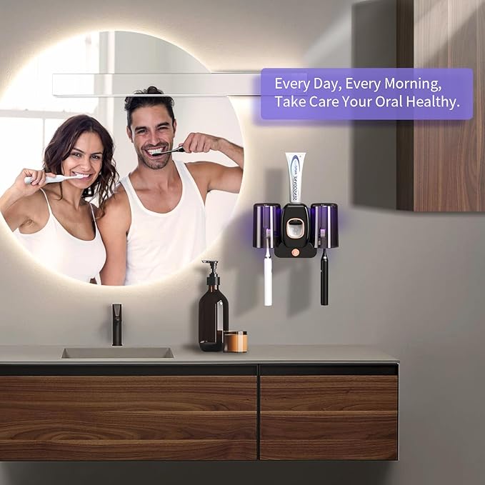 Toothbrush Holders for Bathrooms, Wekity Automatic Toothpaste Dispenser Space Saving Toothbrush and Toothpaste Holder，Toothbrush Holder Wall Mounted with 2 Cups for Bathroom (Black)…