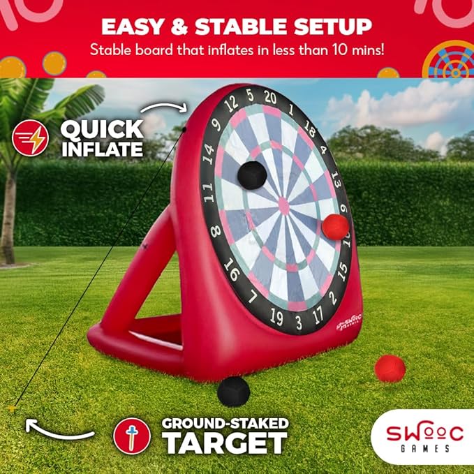 SWOOC Games - XL Giant Kick Darts (Over 8ft Tall) with 15+ Games Included - Jumbo Soccer Darts w/Air Pump - Big Inflatable Games - Carnival Games - Giant Outdoor Games & Activities - Giant Yard Games-StrideForce Fitness