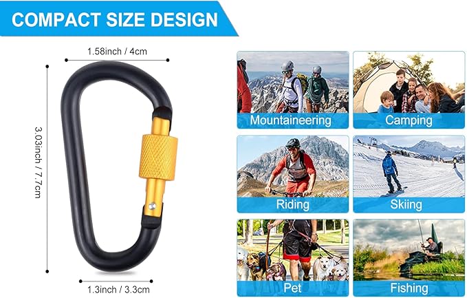 10 Pack Aluminum D Ring Key Rings Hiking Clips Locking Carabiner for Hiking Camping Fishing and Outdoor Use，Clips with Screw Gate Multicolored-StrideForce Fitness