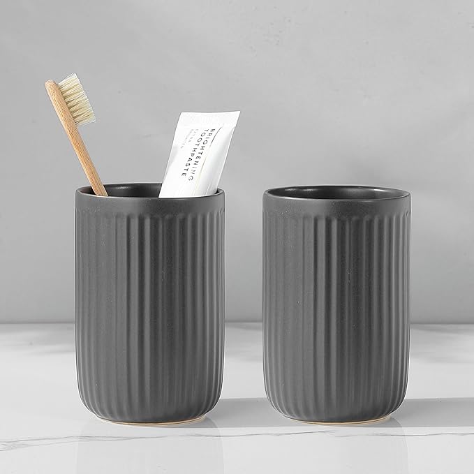 Grey Toothbrush Holders for Bathrooms - 2 Cups Ceramic Toothbrush Toothpaste Holders Set, White Bathroom Tumbler Cups Reusable Toothbrush Mouthwash Cup, Bathroom Counter Organizer.