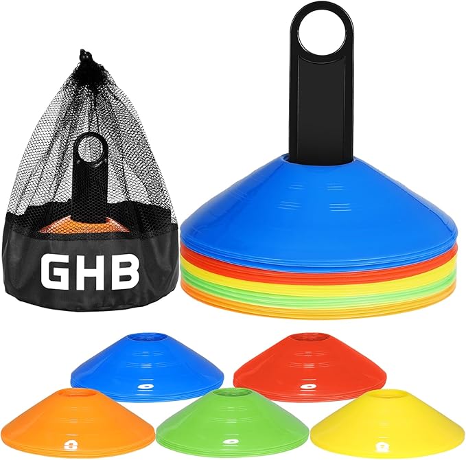 GHB Soccer Cones 25/50/100 Pack Disc Soccer Sport Cones Training Field Marker Agility Cones for Traffic, Basketball, Coaching, Practice Equipment Includes Cone Drills Guide-StrideForce Fitness
