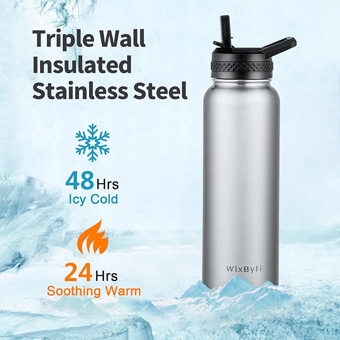 40 oz Insulated Water Bottle with Straw (Cold for 48 Hrs), Stainless Steel Triple Wall Vacuum Sports Water Jug, Leakproof Hydro Cup Flask with Paracord Handle & Straw Spout Lids & DIY Stickers-StrideForce Fitness