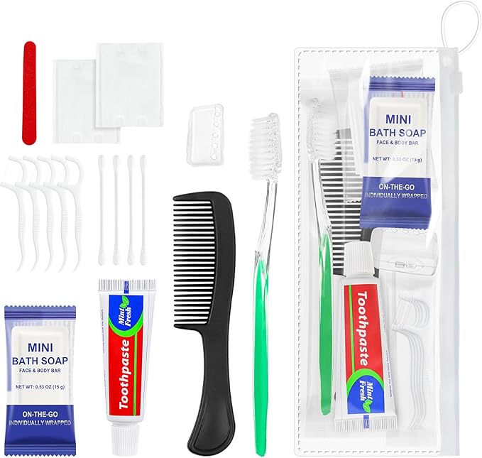 Xuezoioy 10 Sets Personal Hygiene Kit Bulk,9-IN-1 Green Disposable Toothbrushes with Toothpaste Floss Comb Soap Cover and Hotel Vanity Set Basic Travel Toiletry Supplies for Homeless,Travel,Guests