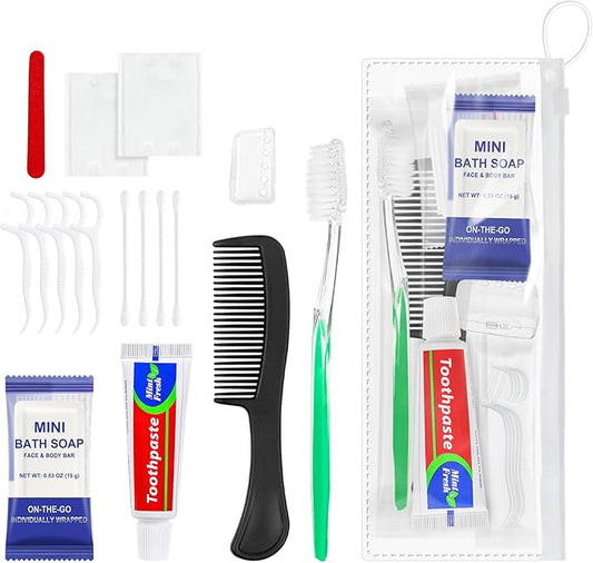 Xuezoioy 10 Sets Personal Hygiene Kit Bulk,9-IN-1 Green Disposable Toothbrushes with Toothpaste Floss Comb Soap Cover and Hotel Vanity Set Basic Travel Toiletry Supplies for Homeless,Travel,Guests