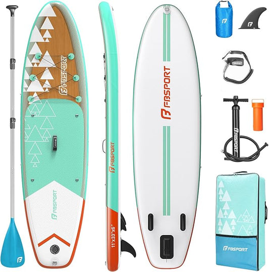 FBSPORT 11' Premium Stand Up Paddle Board, Yoga Board with Durable SUP Accessories & Carry Bag | Wide Stance, Surf Control, Non-Slip Deck, Leash, Paddle and Pump for Youth & Adult-StrideForce Fitness