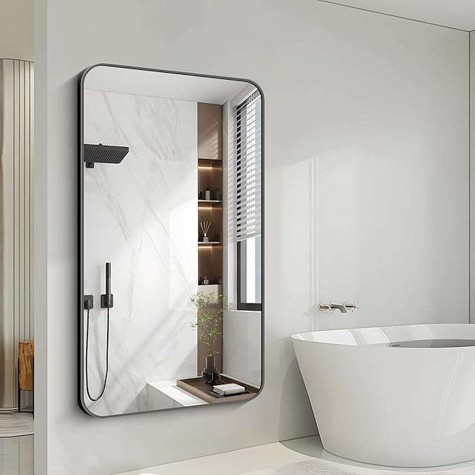 FORBATH Large Bathroom Mirror 60x36 Inches, Black Oversized Wall Mirror for 2 Sinks Aluminum Frame Wall Mounted Rounded Corner Morndern Mirror for Bathroom Bedroom Entryway Living Room-StrideForce Fitness