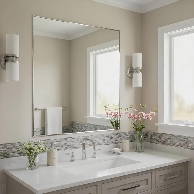 30x30 Inch Nickel Bathroom Mirror for Wall, Aluminum Frame Rectangle Rectangular Vanity Mirror, Modern Large for Bedroom, Living Room, Horizontal or Vertical-StrideForce Fitness