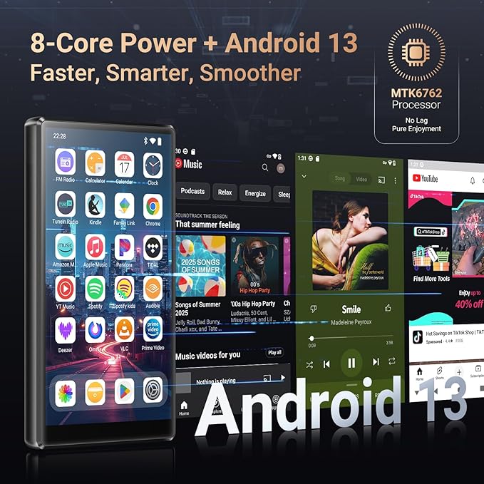 128GB MP3 Player with Bluetooth WiFi, Android 13 OS MP3 & MP4 Player with 5" Touchscreen and Speaker, 4GB RAM & 128GB ROM, Spotify Music Player with Audible, FM Radio, Amazon Music, Play Store-StrideForce Fitness