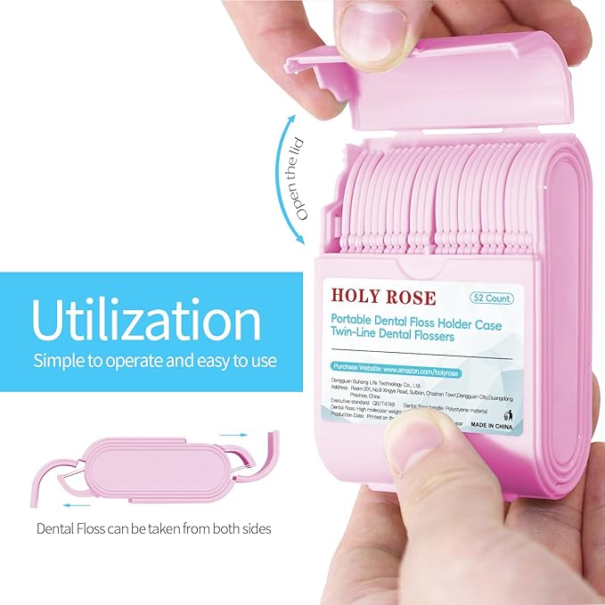 Holy Rose Pink Dental Floss Picks, 2 Packs Travel Cases with Twin Line Flosser 104 Count, Mint, Flossers Sticks Toothpicks is an Oral Care Tool for Clean and Fresh Teeth.
