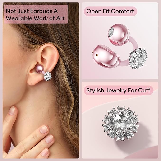 PAXA Stylish Open Ear Clip On Earbuds with Removable Diamond Earring, Clip On Headphones with LCD Touch Screen, Fashionables Open Ear Headphones for Women, Diamond Earring Rose Gold Earbuds-StrideForce Fitness