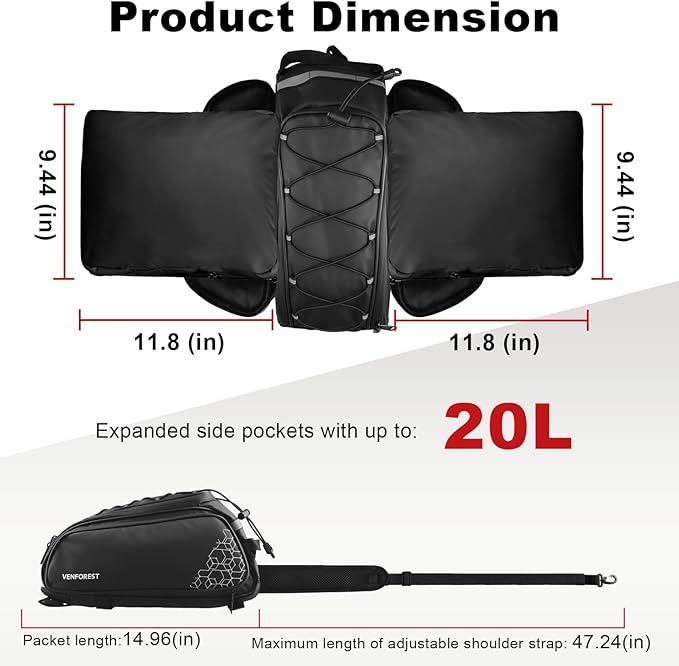 Bike Rear Rack Bag,20L PVC Waterproof Bike Trunk Bag for Road and Mountain Bikes,Multifunctional Bicycle Rear Seat Bag with Rain Cover Bike Saddle Bag for Cycling Trip (Black)-StrideForce Fitness