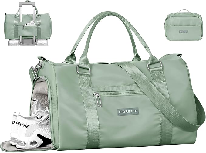 FIORETTO Womens Gym Tote Duffle Bag with Toiletry Bag, Sports Duffel Overnight Hospital Workout Carry on for Girls with Wet Pocket & Shoe Compartment, Ideal for Travel, Swimming, Celadon-StrideForce Fitness