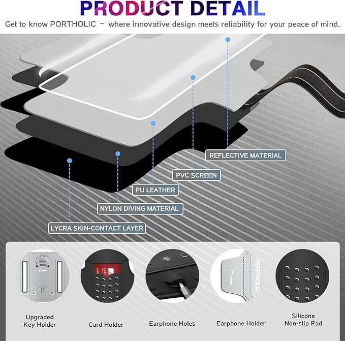 PORTHOLIC 2025 Running Armband Water Resistant Sports Phone Holder Case with Extension Strap, Key Card Slot Up to 6.9" Phone for iPhone 17/16/15/14/13 Plus Air Pro Max XR/XS, Galaxy S25/24/S10-StrideForce Fitness