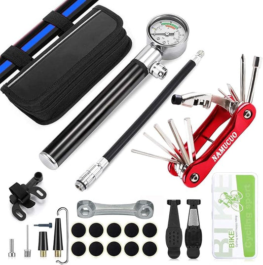 YBEKI Bike Tyre Repair Tool Kit - Bicycle Tool kit with 210 Psi Mini Pump 10-in-1 Multi-Tool with Chain Breaker, Tyre Levers &Tire Patch, Bone Wrench, 1 Portable Bag-StrideForce Fitness