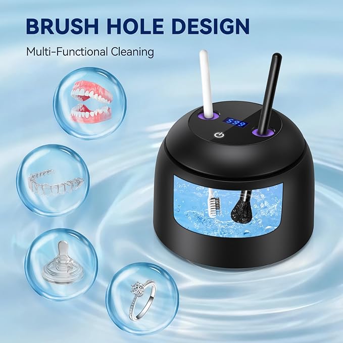 Ultrasonic Retainer Cleaner - 45±3kHz, 3 Modes with Digital Timer, UVC+UVA Lamp,Denture Cleaner Machine, Mouth Guard, IPX6,200ML SUS304 Tank for Aligner, Night Guard Toothbrush (Black)