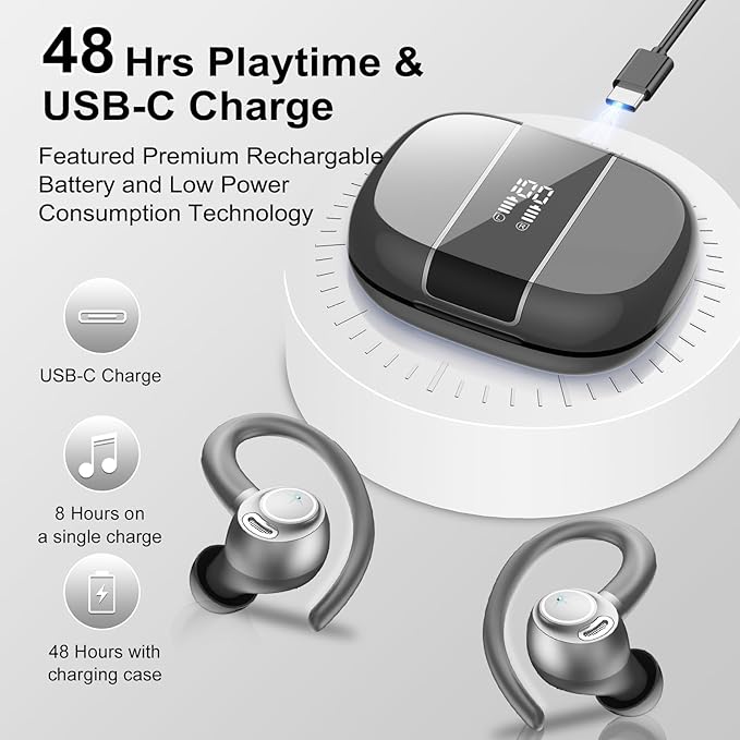 Wireless Earbuds Bluetooth 5.3 Headphones Sports, 48Hrs Playtime Bluetooth Earbuds with CVC 8.0 Mic, Stereo Bass Over Ear Bud with Earhooks, LED Display, IP7 Waterproof Earphon for Running Gray-StrideForce Fitness