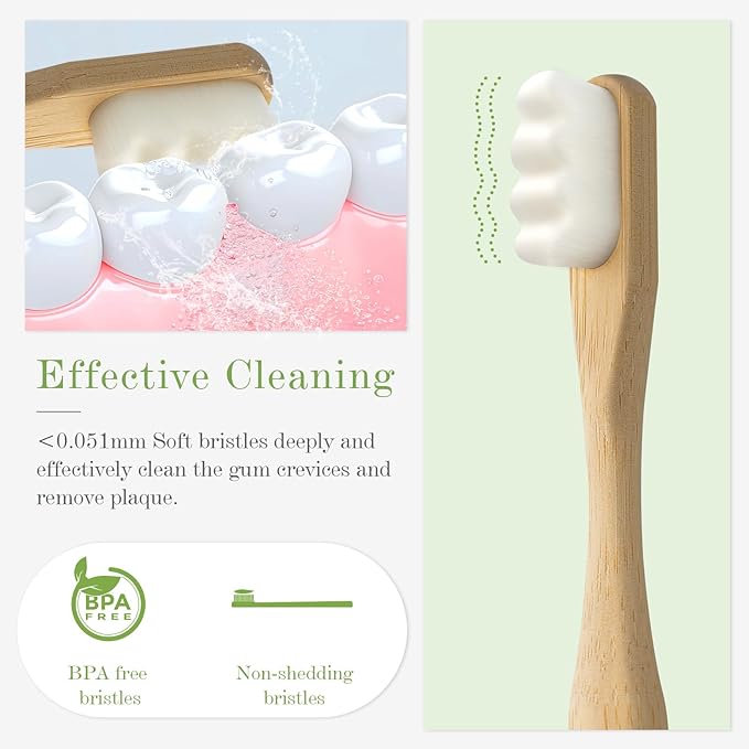 Extra Soft Bamboo Toothbrushes for Sensitive Gums, 20000 Extra Soft Bristle Toothbrushes for Adults, Eco-Friendly, Natural Wooden Organic Micro Nano Bamboo Bristle Toothbrush - 4 Pack