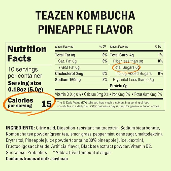 TEAZEN Pineapple Kombucha Tea, Hydration Drink Mix, Sugar Free, Live Probiotics & Prebiotics, 10 Sticks, 1.76oz-StrideForce Fitness