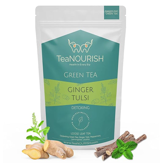 TeaNOURISH Ginger Tulsi Green Tea | Darjeeling Loose Leaf | Indian Superfoods Ginger, Tulsi & Licorice | Relieves Stress & Aids Digestion | Brew Hot or Iced Tea - 3.53oz/100g