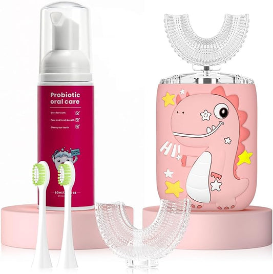 Kids Electric U Shaped Toothbrush,Kids Dinosaur Sonic Full Mouth Toothbrush with 4 Soft Brush Head Automatic 6 Cleaning Modes IPX7 Waterproof 360 Degree Cleaning - Age8-15 Pink