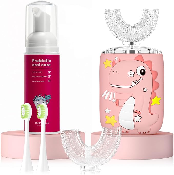 Kids Electric U Shaped Toothbrush,Kids Dinosaur Sonic Full Mouth Toothbrush with 4 Soft Brush Head Automatic 6 Cleaning Modes IPX7 Waterproof 360 Degree Cleaning - Age2-7 Pink