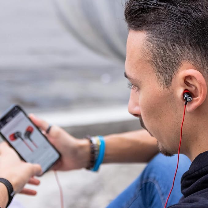 LUDOS Clamor Wired Earbuds in-Ear Headphones, 5 Years Warranty, Earphones with Microphone, Noise Isolating Ear Buds, Memory Foam for iPhone, Samsung, School Students, Kids, Women, Small Ears - Red-StrideForce Fitness