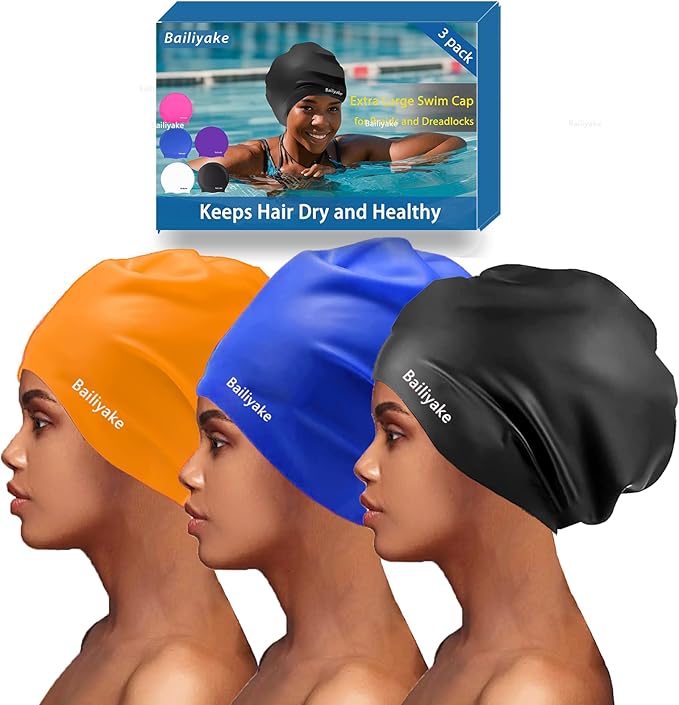 3 Pack Extra Large Swim Cap for Braids & Dreadlocks - Waterproof Silicone Swim Hat for Women with Long Thick Hair, Protective Swim Cap Cover Ears for Swimming, Shower, Bathing-StrideForce Fitness