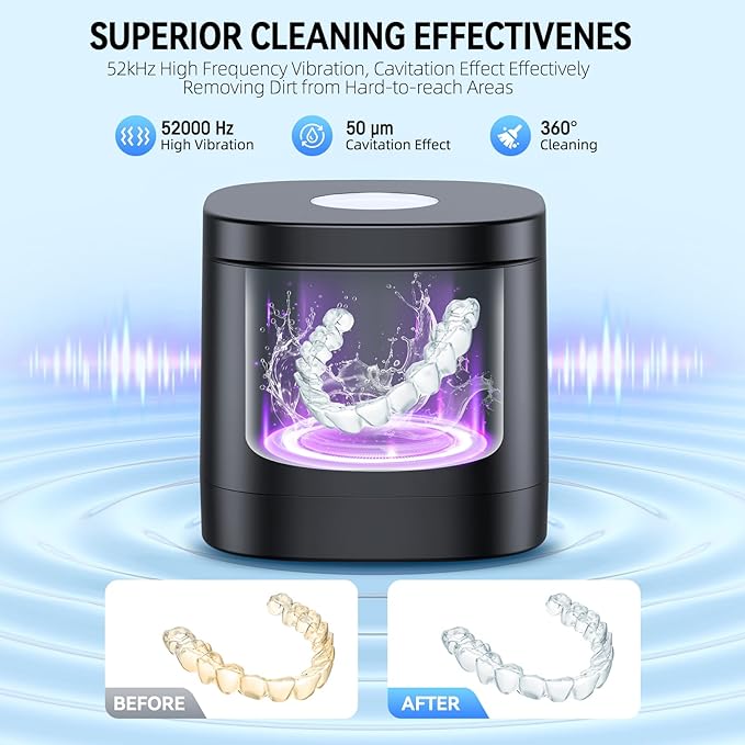 TEBAL Ultrasonic Retainer Cleaner Machine, 52kHz Ultrasonic Denture Cleaner for Night Guards, Braces, Toothbrush Heads, Jewelry and More, Ultrasonic Cleaner for Retainers with 250ML Capacity, Black