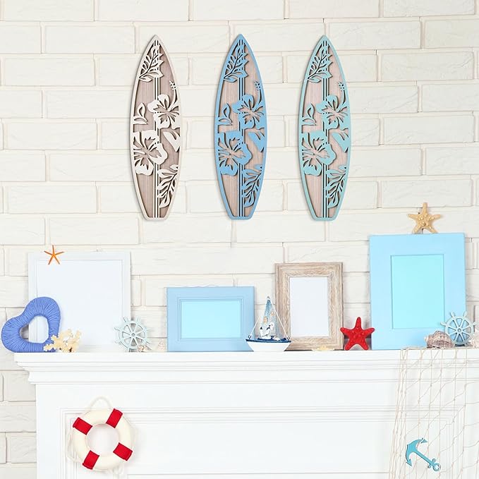 RattanView 3 Pieces Hibiscus Surfboard Decor for Bedroom Wooden Beach Wall Decor Summer Wood Surfboard Wall Hanging Sign for Tropical Living Room Decoration (Blue)-StrideForce Fitness