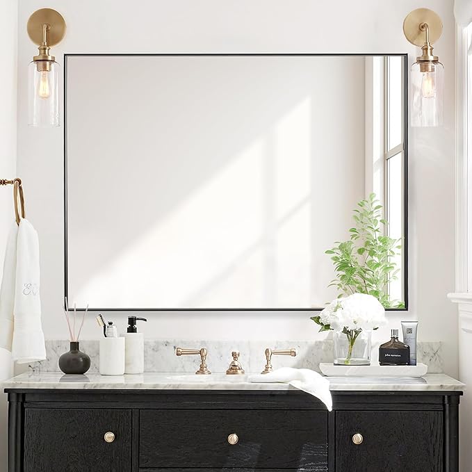 30x40 Inch Black Bathroom Mirror for Wall, Aluminum Frame Rectangle Rectangular Vanity Mirror, Modern Large for Bedroom, Living Room, Horizontal or Vertical-StrideForce Fitness
