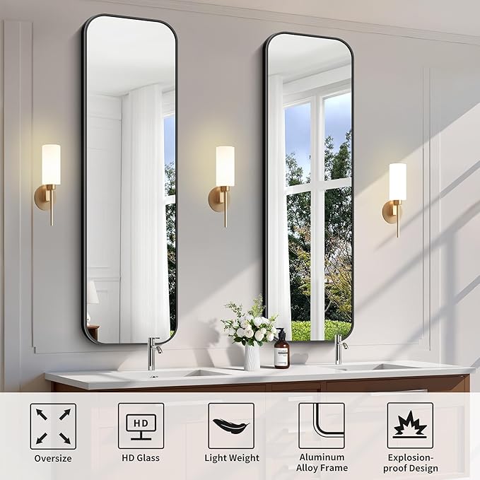 FORBATH Bathroom Mirror 55" x 16", Rectangle Black Bathroom Mirror with Black Aluminum Frame Rounded Corner, Wall Mounted Mirror for Bedroom Entryway Living Room-StrideForce Fitness