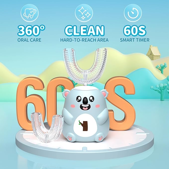 Kids U Shaped Electric Toothbrush, Automatic 360° Sonic Cleaning, 6 Modes, 4 Brush Heads, Cute Cartoon Koala Design (6-12 Age (Grey Blue))