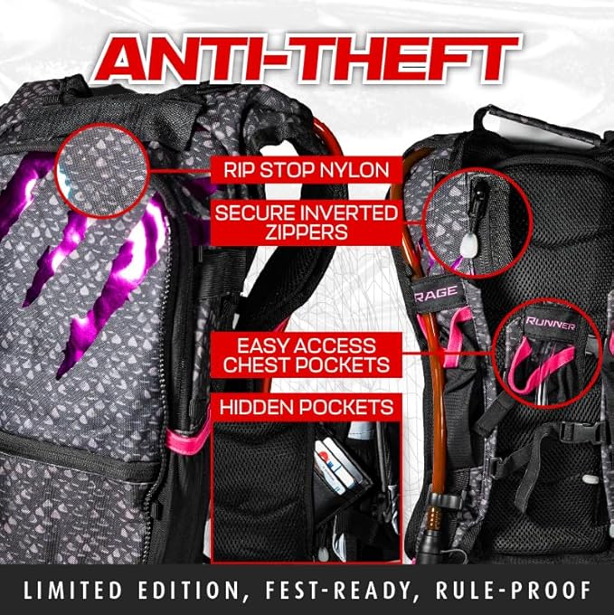 RAVERUNNER® Dino Festival Water Backpack - Dual Chamber Hydration - 3L Insulated Water Backpack for Raves, Festivals, Hiking, Running - Festival Hydration Pack for Hydration Backpack Rave-StrideForce Fitness